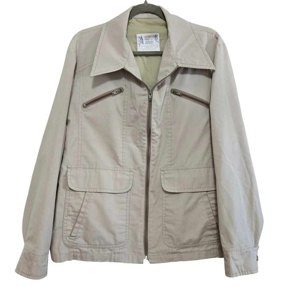 Vintage London Fog Classic 1970's Beige Zip Front Utility Jacket Tan Size 44 XL